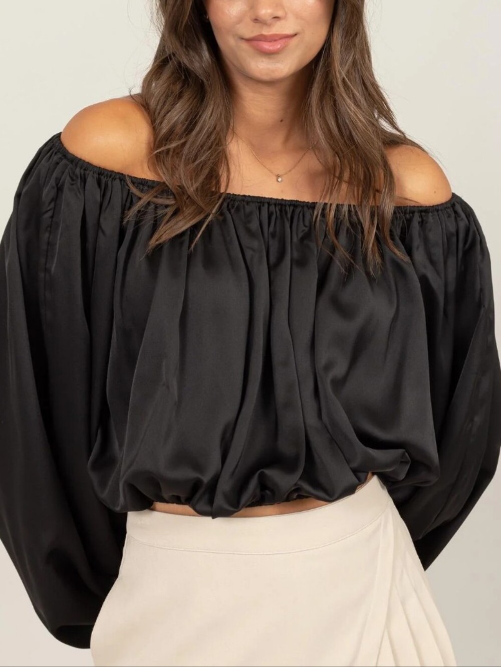 FAVLUX Black Off-Shoulder Satin Bubble Hem Blouse